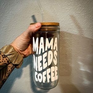 24oz Glass Mason Jar cup with bamboo lid and glass straw.